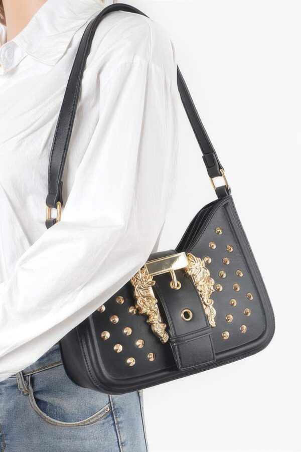 Faux Leather Studded Shoulder Bag with Metal Buckle