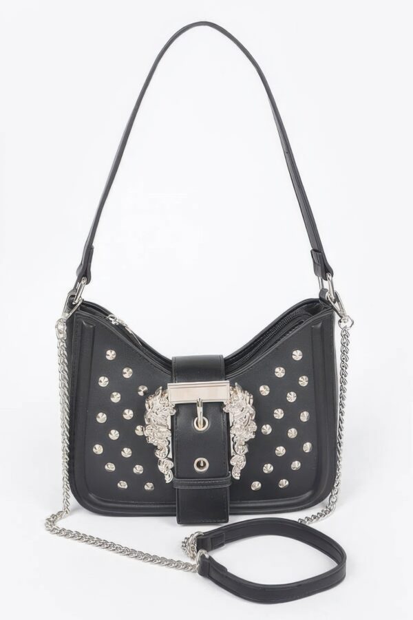 Faux Leather Studded Shoulder Bag with Metal Buckle