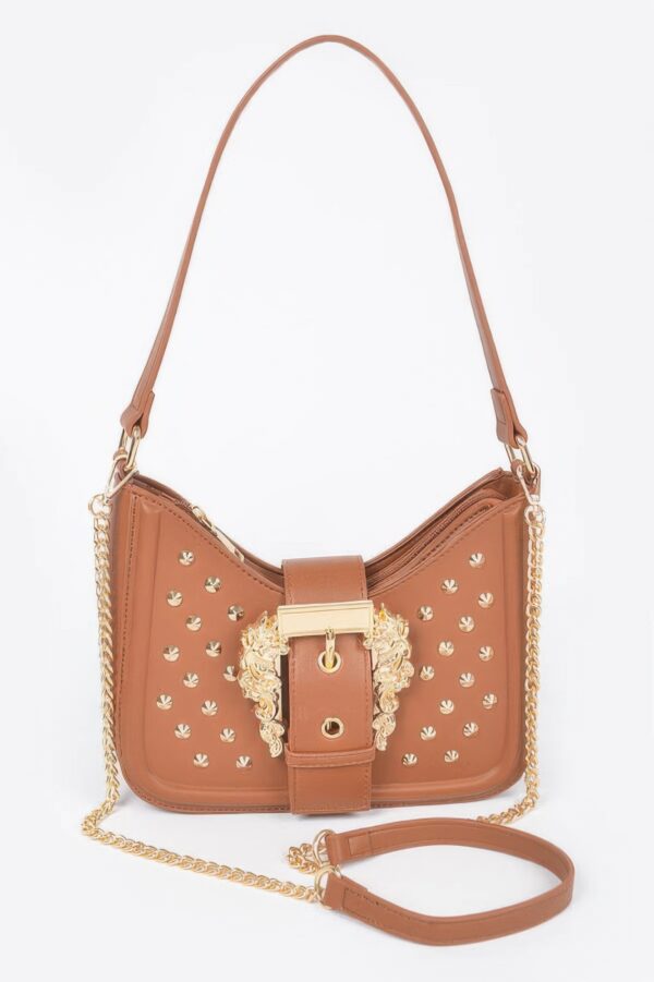 Faux Leather Studded Shoulder Bag with Metal Buckle