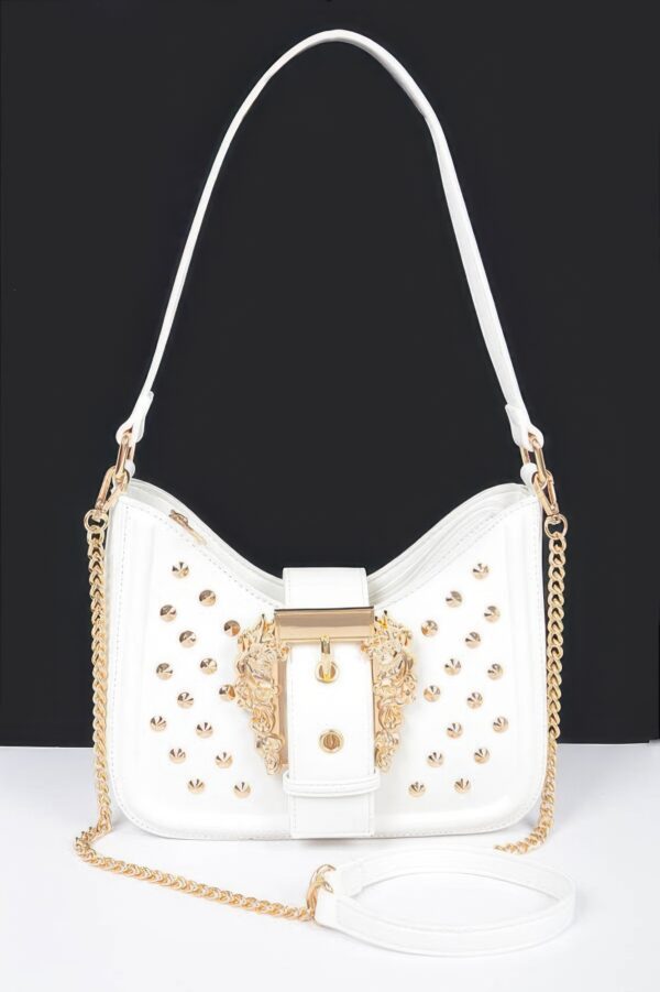 Faux Leather Studded Shoulder Bag with Metal Buckle