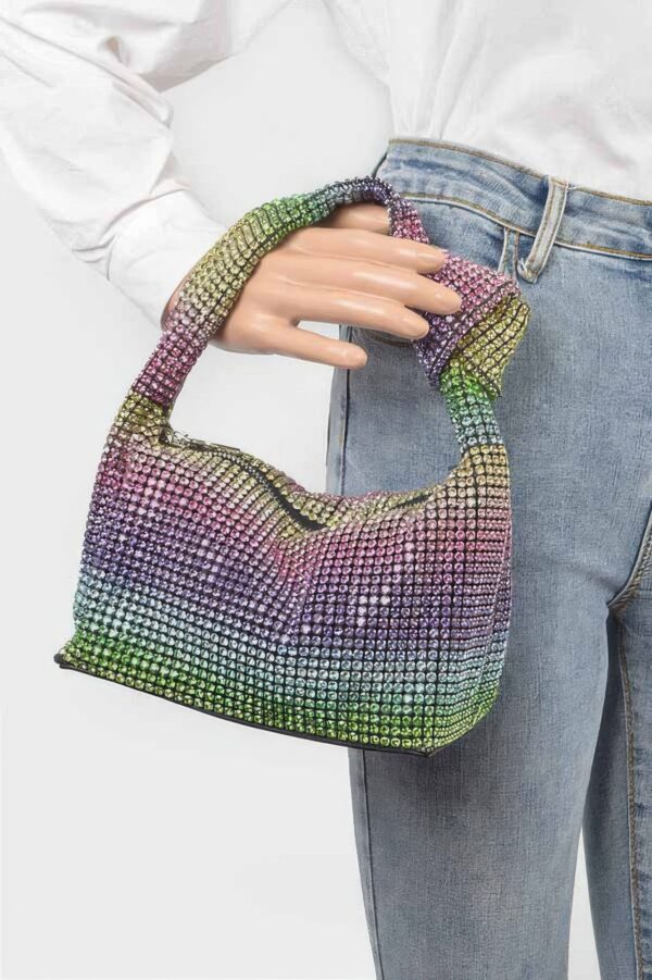 Structured Rhinestone-Embellished Shoulder Zip Bag