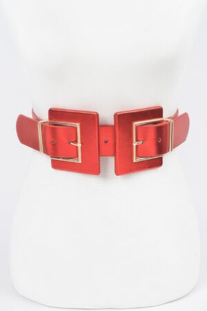 Faux Leather-Trim Two-Buckle Wide Elastic Belt