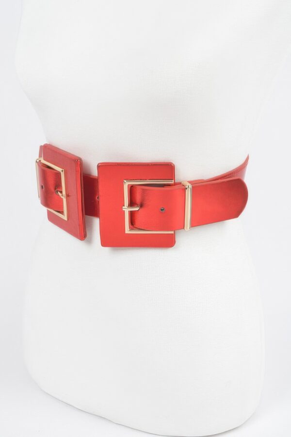 Faux Leather-Trim Two-Buckle Wide Elastic Belt
