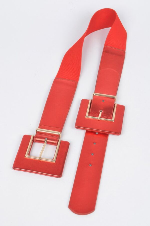 Faux Leather-Trim Two-Buckle Wide Elastic Belt
