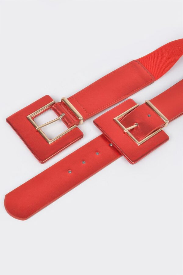 Faux Leather-Trim Two-Buckle Wide Elastic Belt