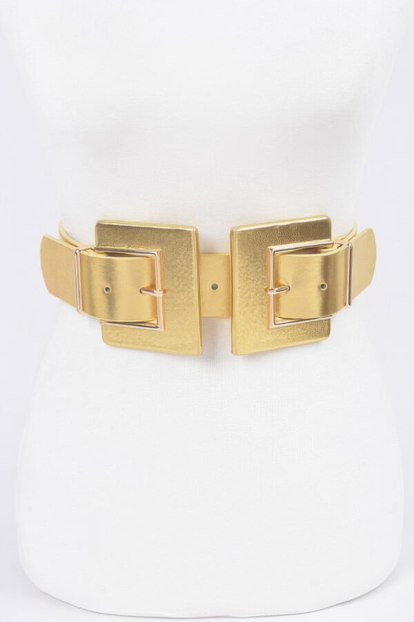 Faux Leather-Trim Two-Buckle Wide Elastic Belt