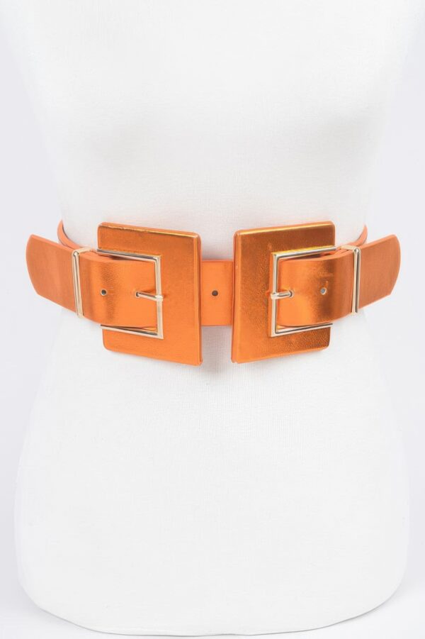 Faux Leather-Trim Two-Buckle Wide Elastic Belt