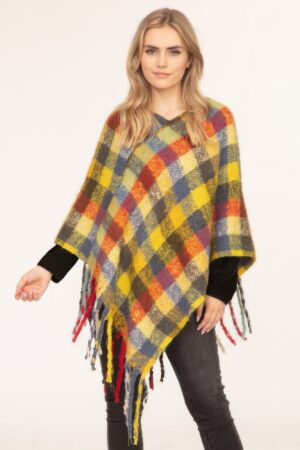 Plaid Color-Block Poncho – Lightweight Polyester
