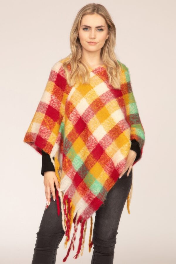 Plaid Color-Block Poncho – Lightweight Polyester