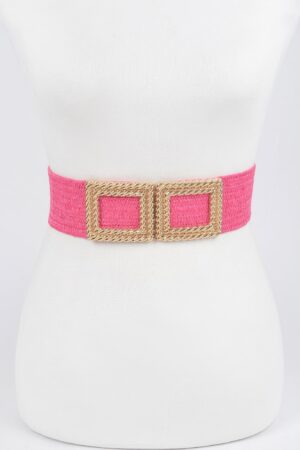 Faux Straw Stretch Belt with Oversized Metal Buckle