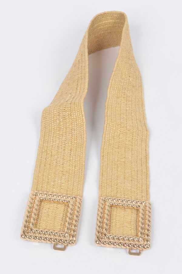 Faux Straw Stretch Belt with Oversized Metal Buckle