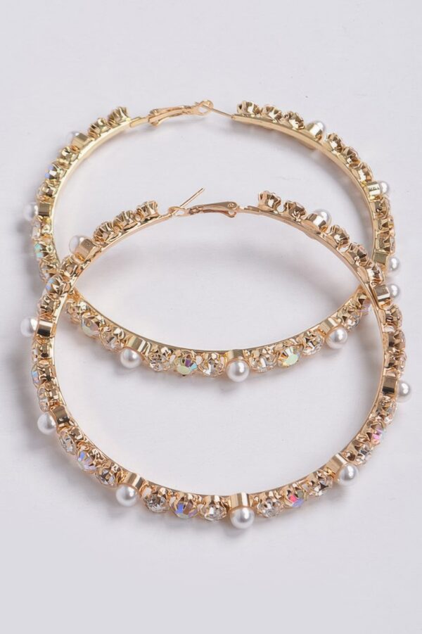 Upside Down Rhinestone & Pearl Hoop Earrings, 3.25″