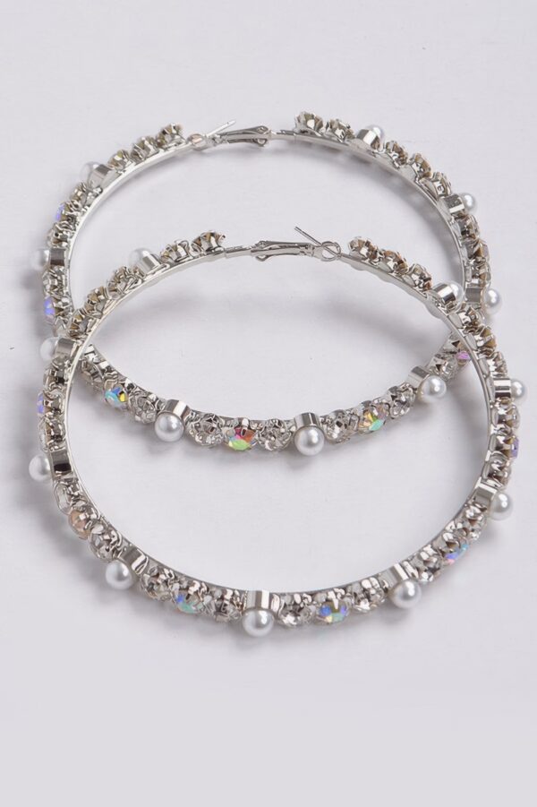 Upside Down Rhinestone & Pearl Hoop Earrings, 3.25″