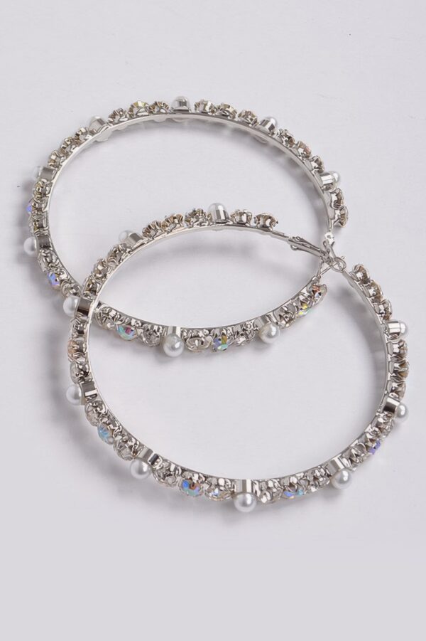 Upside Down Rhinestone & Pearl Hoop Earrings, 3.25″