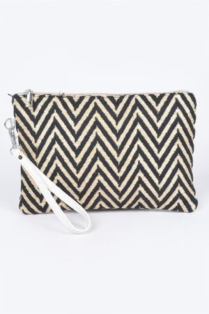 Faux Straw Pouch – Slim Woven Clutch with Mixed Metal Trim