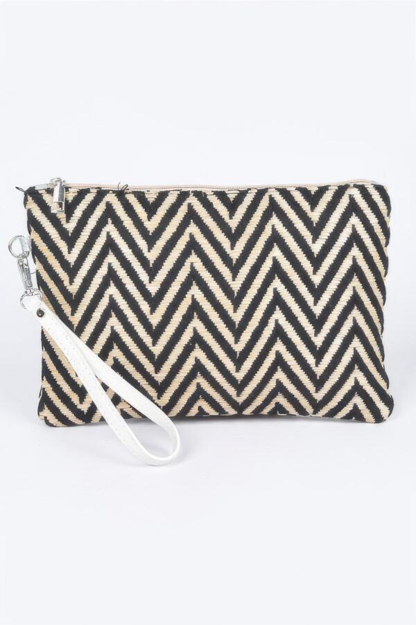 Faux Straw Pouch – Slim Woven Clutch with Mixed Metal Trim