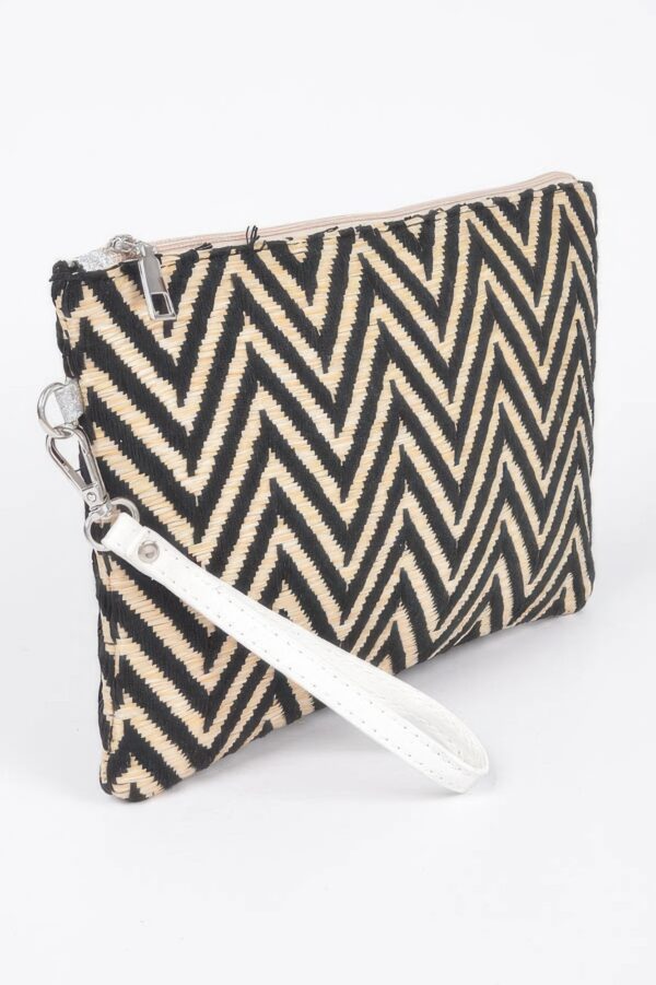 Faux Straw Pouch – Slim Woven Clutch with Mixed Metal Trim