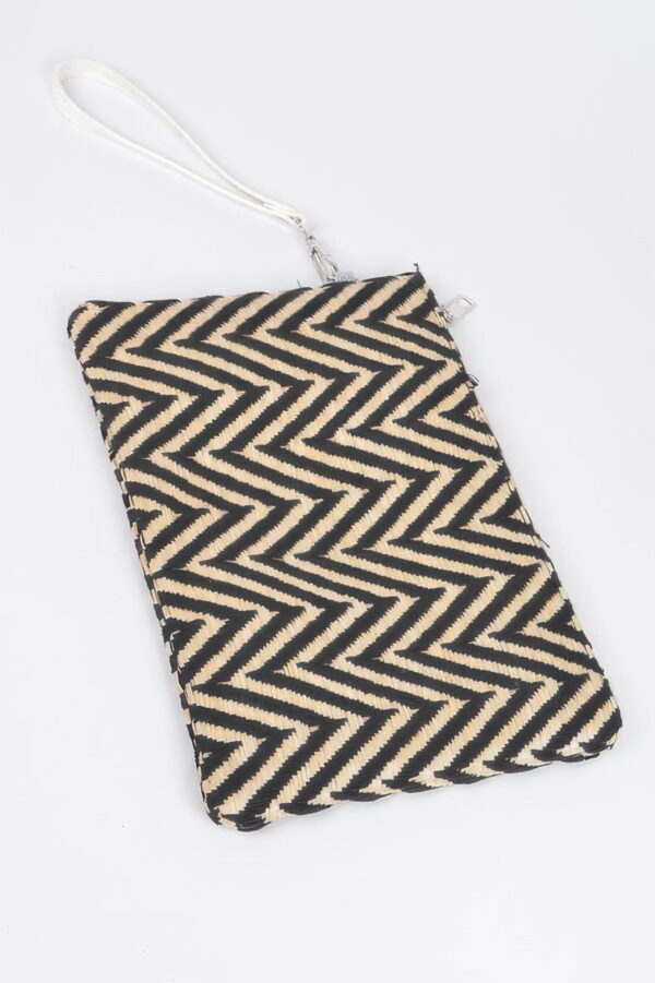 Faux Straw Pouch – Slim Woven Clutch with Mixed Metal Trim