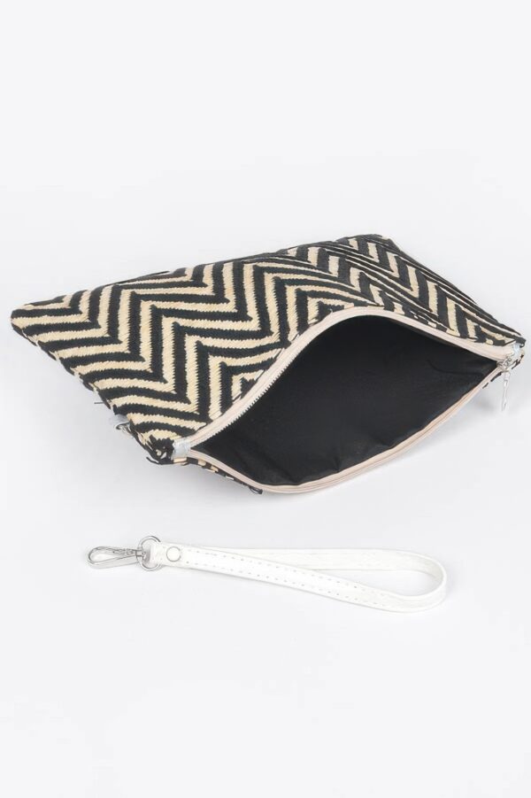 Faux Straw Pouch – Slim Woven Clutch with Mixed Metal Trim