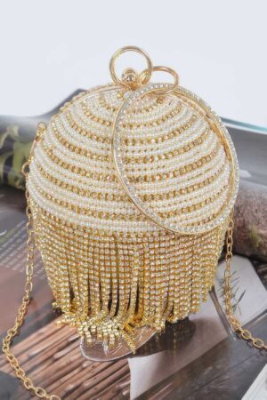 Round Rhinestone Fringe Evening Bag with Pearl Handle