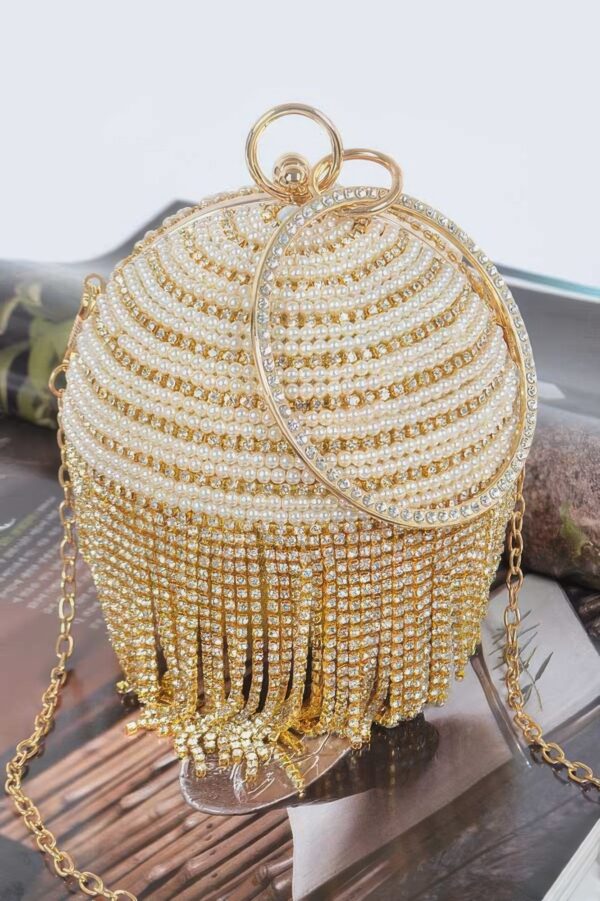 Round Rhinestone Fringe Evening Bag with Pearl Handle