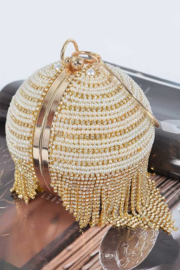 Round Rhinestone Fringe Evening Bag with Pearl Handle