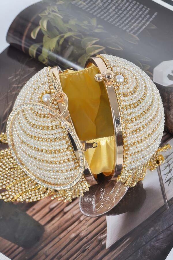 Round Rhinestone Fringe Evening Bag with Pearl Handle