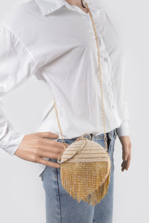 Round Rhinestone Fringe Evening Bag with Pearl Handle