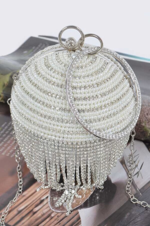 Round Rhinestone Fringe Evening Bag with Pearl Handle