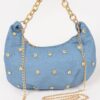 Denim Rhinestone-Stud Chain Handle Compact Bag