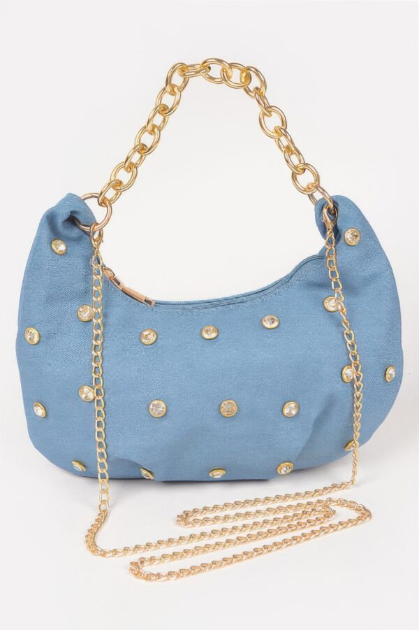 Denim Rhinestone-Stud Chain Handle Compact Bag