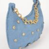 Denim Rhinestone-Stud Chain Handle Compact Bag
