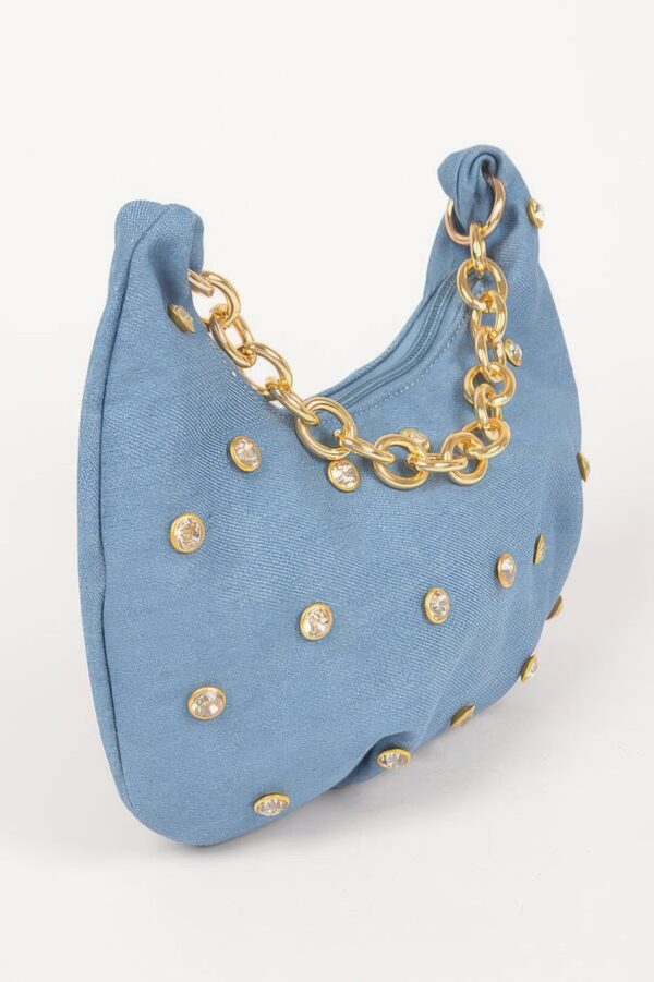 Denim Rhinestone-Stud Chain Handle Compact Bag