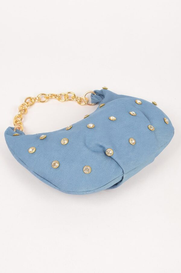 Denim Rhinestone-Stud Chain Handle Compact Bag