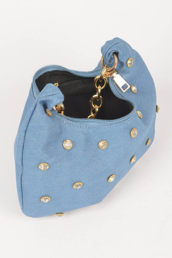 Denim Rhinestone-Stud Chain Handle Compact Bag