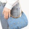 Denim Rhinestone-Stud Chain Handle Compact Bag