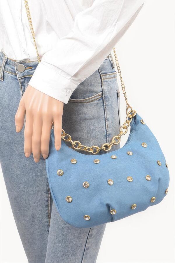 Denim Rhinestone-Stud Chain Handle Compact Bag