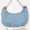 Denim Rhinestone-Stud Chain Handle Compact Bag