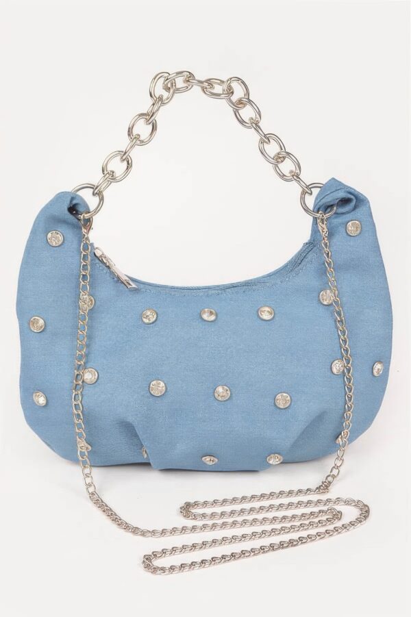 Denim Rhinestone-Stud Chain Handle Compact Bag