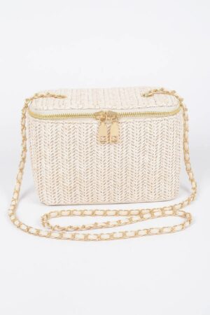 Compact Faux Straw Cosmetic Case with Structured Body