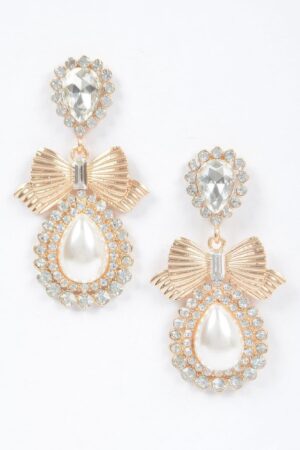 Bow Faux Pearl Drop Earrings – Post-back