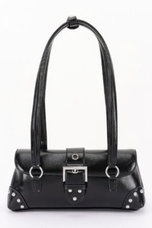 Vegan Leather Studded Shoulder Bag – Buckle Accent