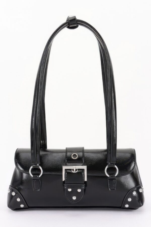 Vegan Leather Studded Shoulder Bag – Buckle Accent