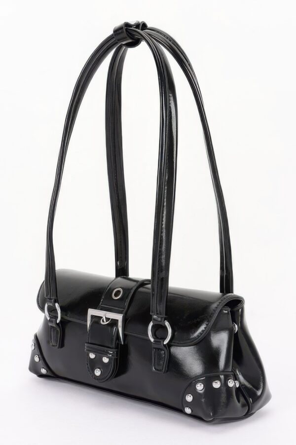 Vegan Leather Studded Shoulder Bag – Buckle Accent