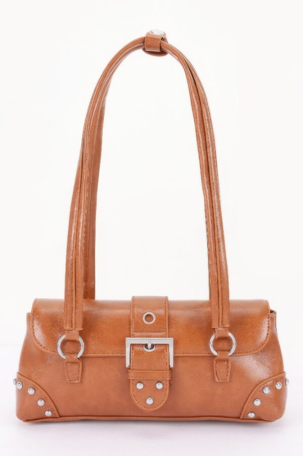 Vegan Leather Studded Shoulder Bag – Buckle Accent