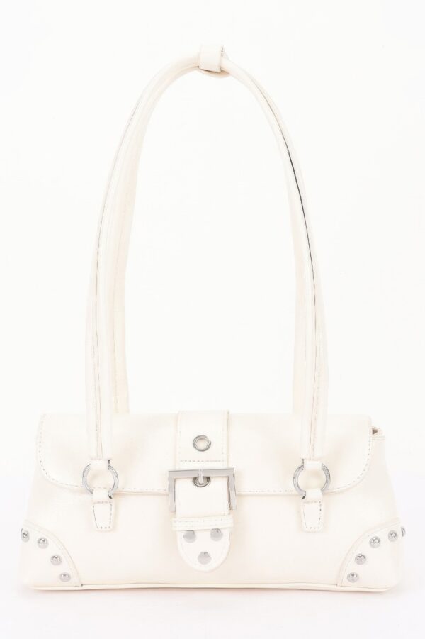 Vegan Leather Studded Shoulder Bag – Buckle Accent