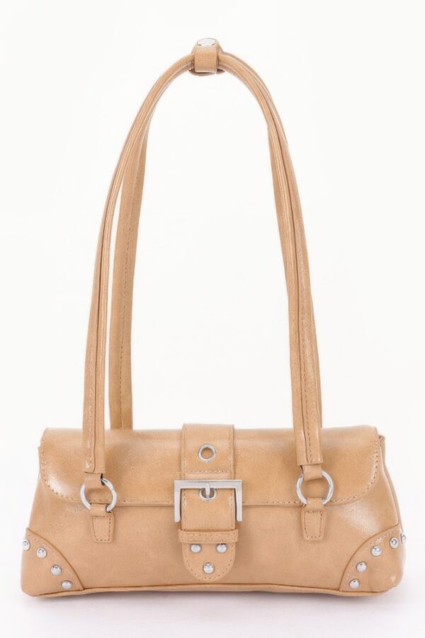 Vegan Leather Studded Shoulder Bag – Buckle Accent
