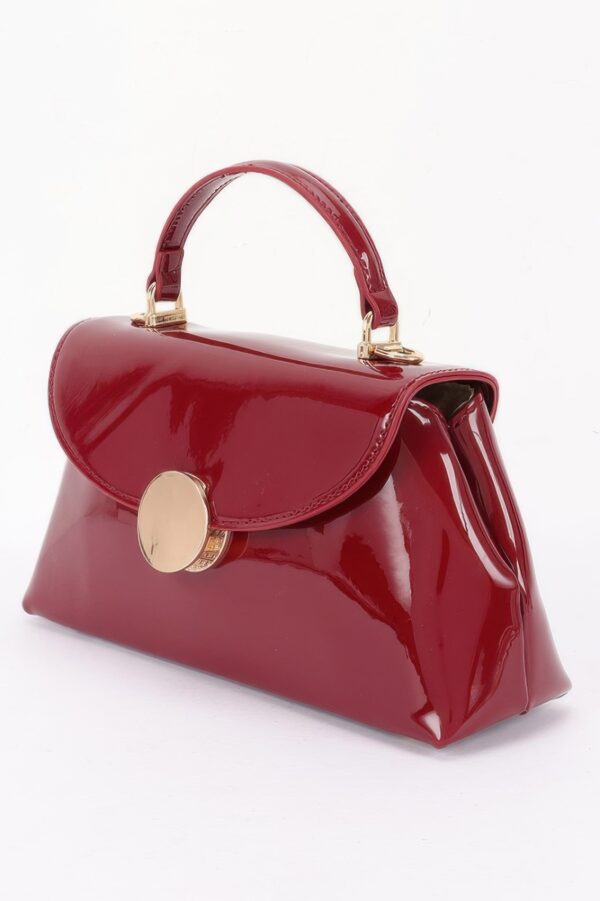 Patent Faux Leather Top Handle Bag with Circle Hardware