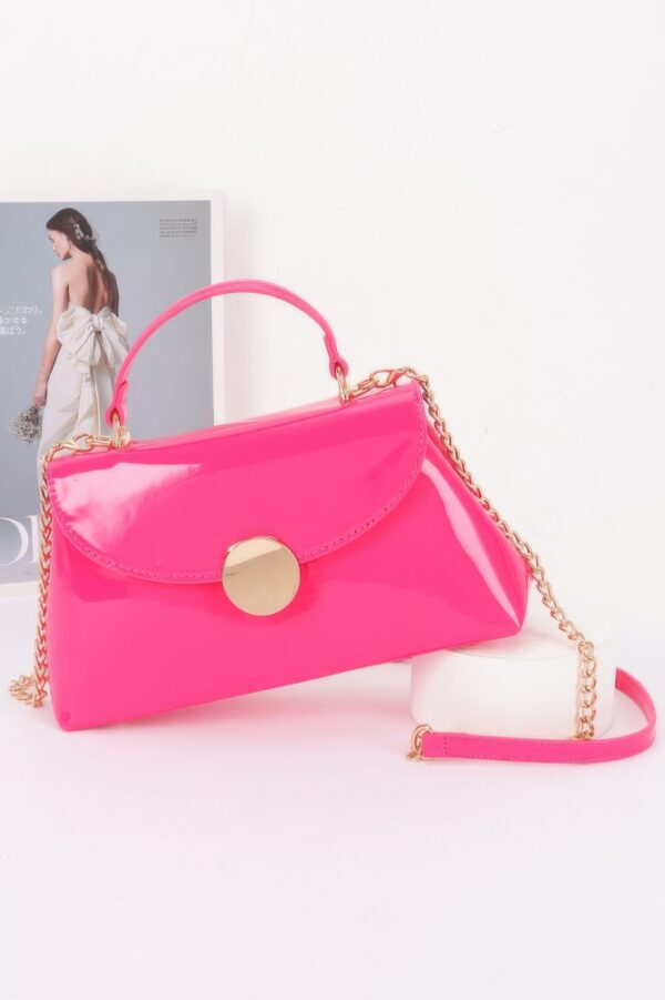 Patent Faux Leather Top Handle Bag with Circle Hardware