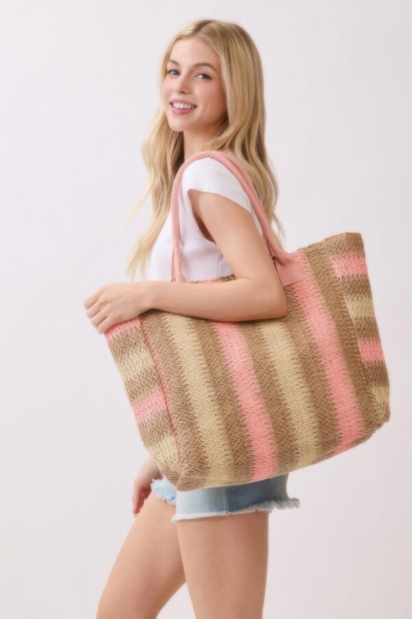 Striped Straw Tote Bag – Natural Brown Multi-Color